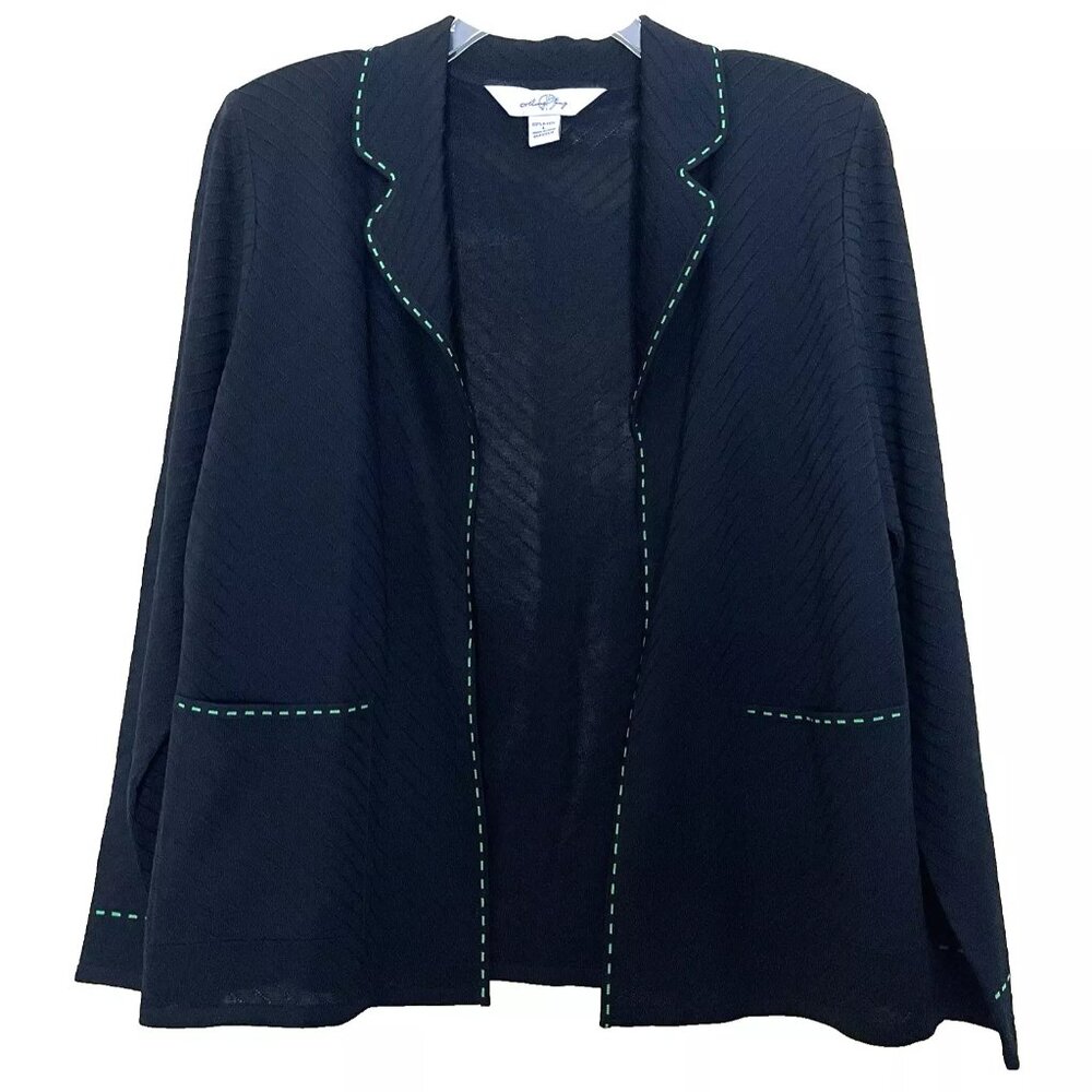 Ming Wang Open Front Cardigan Jacket Large Black Green Office Business Casual